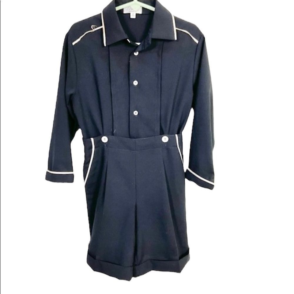MAGIL Navy Blue Wool Long Sleeve Collared Cuffed Romper Made In Italy 4